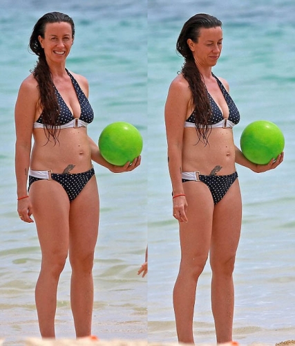 Alanis Morissette Shows Lean Physique Polka Dot Bikini Enjoys Relaxing